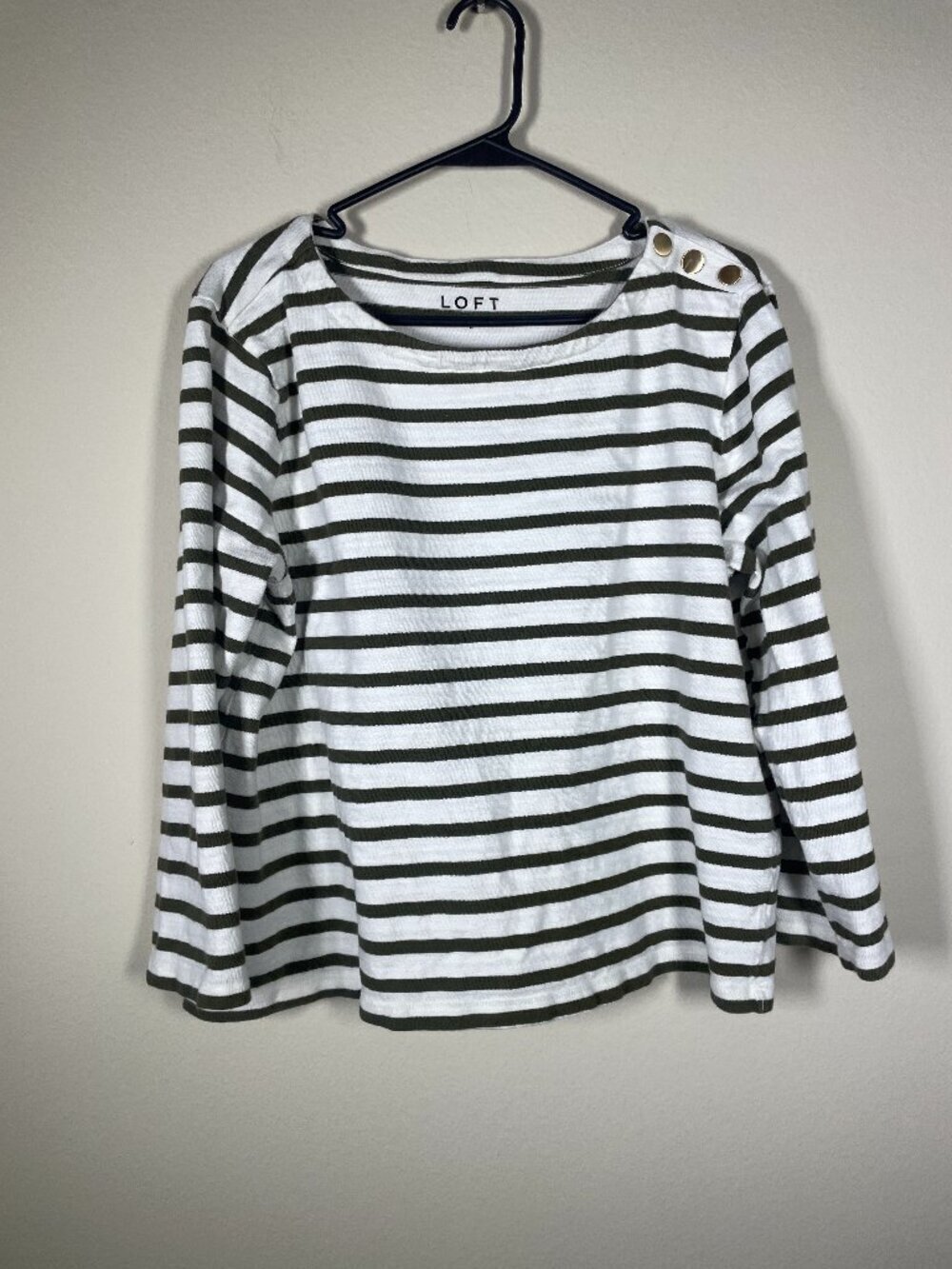 Loft Women's 3/4 Sleeve Cotton Green White Stripe Boat Neck Top L Spring!